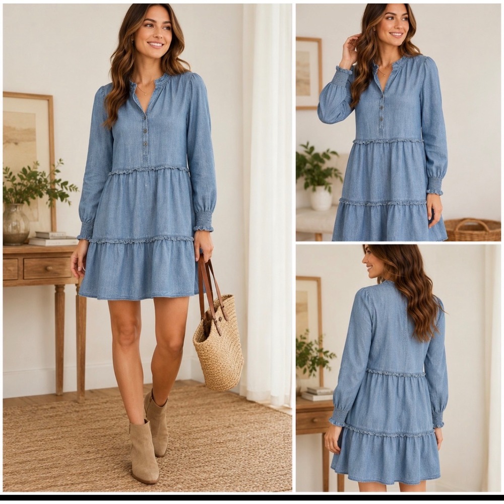 J.Crew Re-Imagined Chambray Tiered Mini Dress Smocked Cuff Prairy/Cottagecore 6 - Picture 12 of 12
